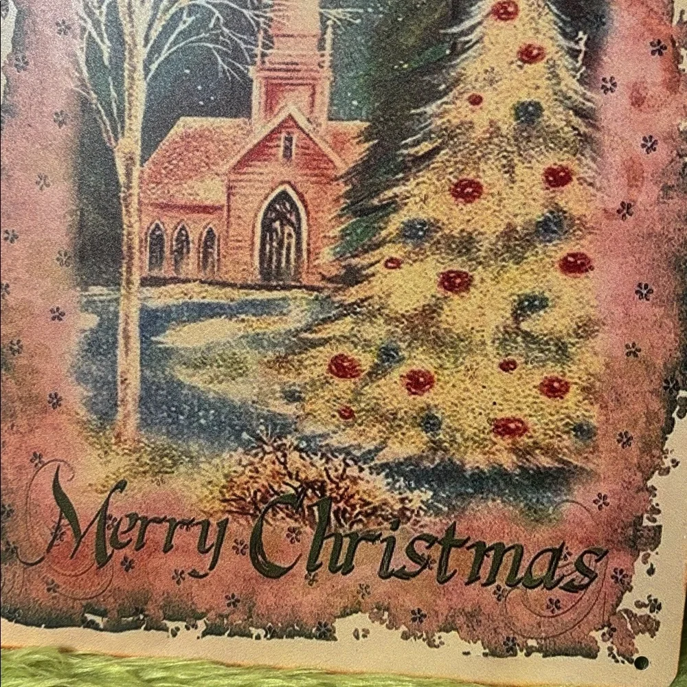 NEW Vintage Inspired Merry Christmas Tree Church Pink Metal Tin Sign 8 x 12